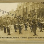 The 1st Battalion of The RMF in Coventry before they went to The Dardanelles in March 1915. In front of the battalion is Drum Major Joseph Hickey who was to be killed by a sniper only a few weeks later in Gallipoli