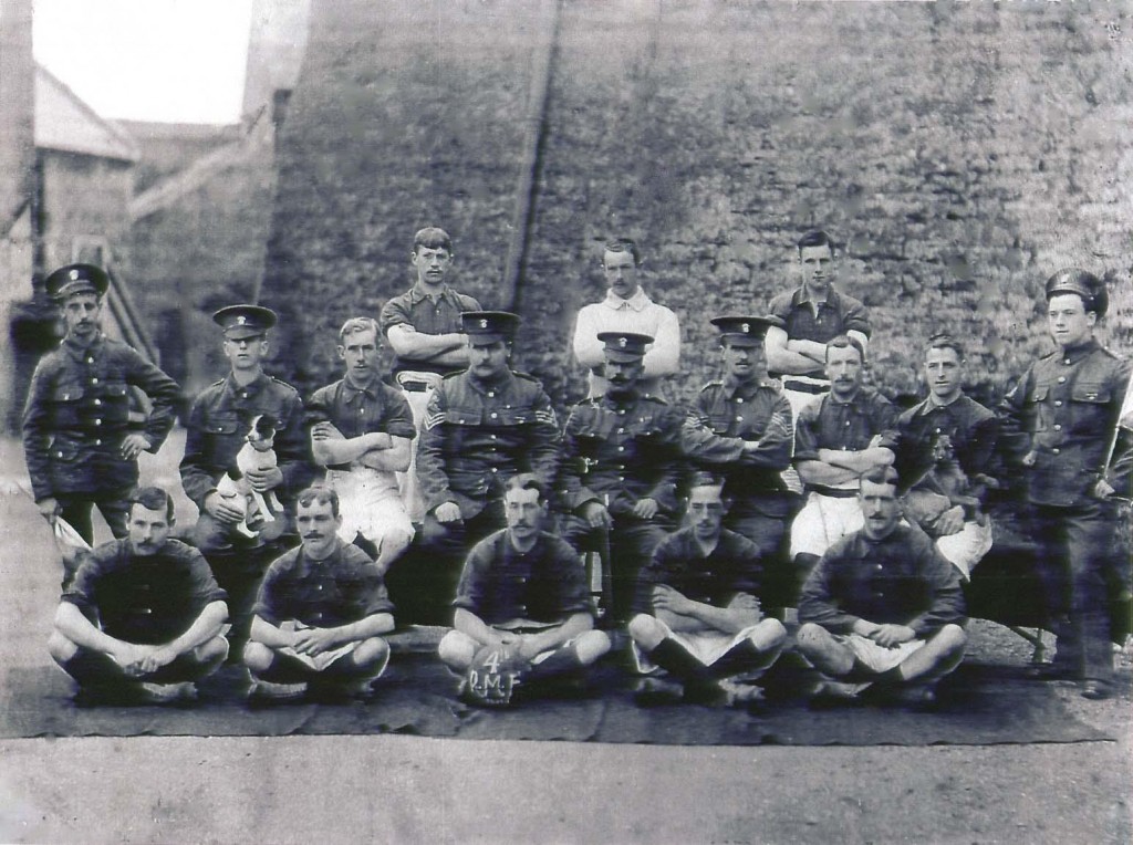 4th Battalion Royal Munster Fusiliers - Kinsale 1911 This photo of The 4th Battalion Royal Munster Fusiliers was taken in Kinsale circa 1911. Thank you to Fabian Murphy for allowing us to use his photograph. Fabian's Great Grandfather Colour Serjeant Arthur Thomas Saich is seated fourth from the left in the middle row. Arthur Thomas Saich , was born in Green Lane Hanwell Middlesex on 8th Sep 1870.