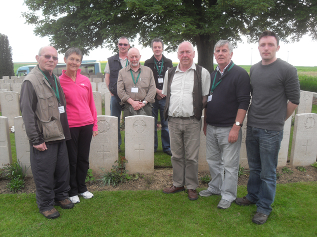 Back L/R:  David Brown, Michael McLoughlin & John Brown
Front L/R: Rob & Noreen O’Brien, Christy Brennan, Liam Hickey & Tom Dillon
 Private John Nugent 9712, 1st Munsters, died 03.09.1918. John was the son of Bridget Nugent 4 Prospect Road, Limerick and granduncle of Christy Brennan