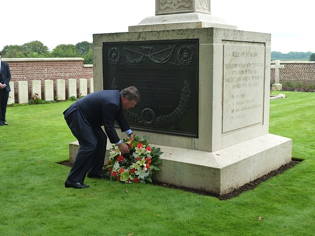 His Excellency Mr. Rory Montgomery the Irish Ambassador to France laying a wreath at The Etreux Mmeorial